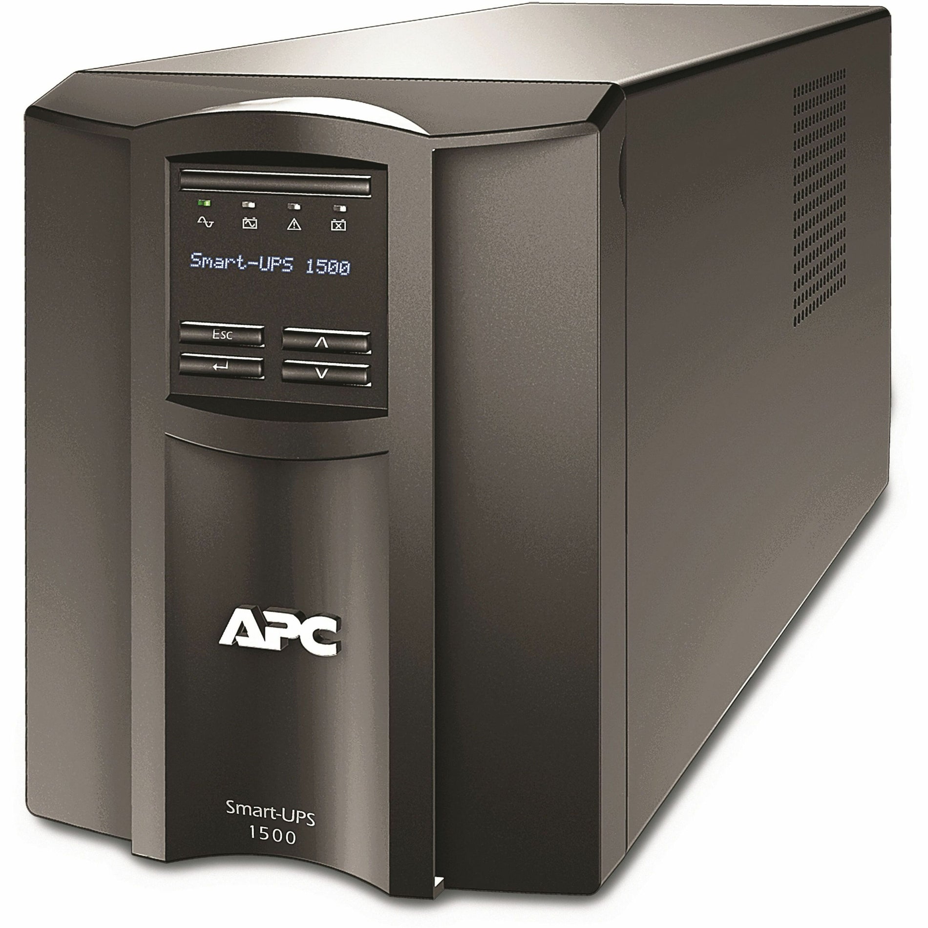 Front view of APC Smart-UPS 1500VA tower UPS showing LCD display interface and control buttons-alternate-image1