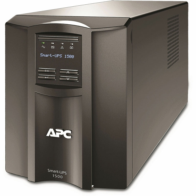 Front view of APC Smart-UPS 1500VA tower UPS showing LCD display interface and control buttons