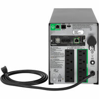 Rear view of APC Smart-UPS 1500VA showing power outlets, network management card, and connectivity ports-alternate-image2