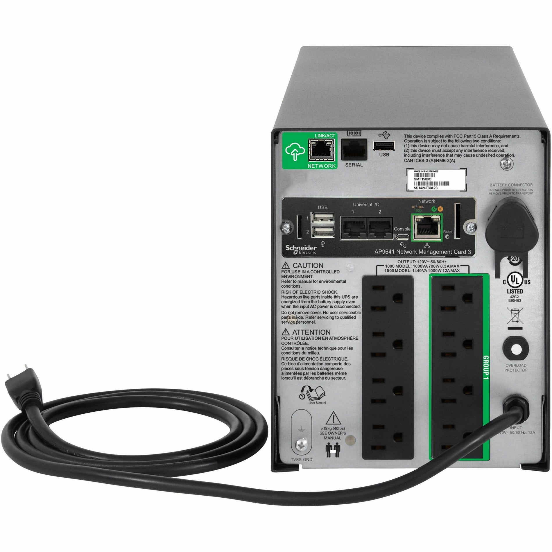 Rear view of APC Smart-UPS 1500VA showing power outlets, network management card, and connectivity ports-alternate-image2