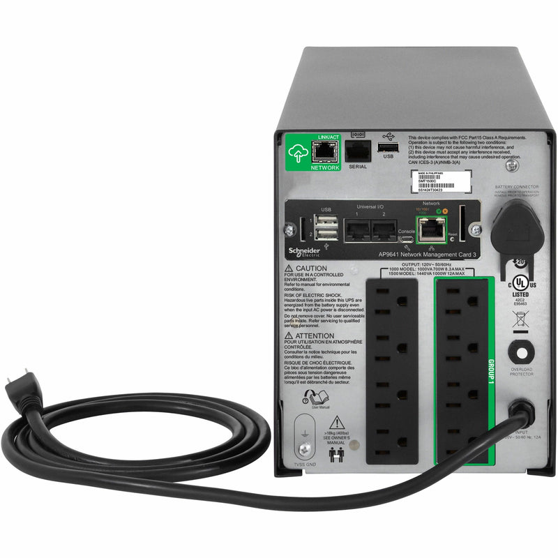 Rear view of APC Smart-UPS 1500VA showing power outlets, network management card, and connectivity ports