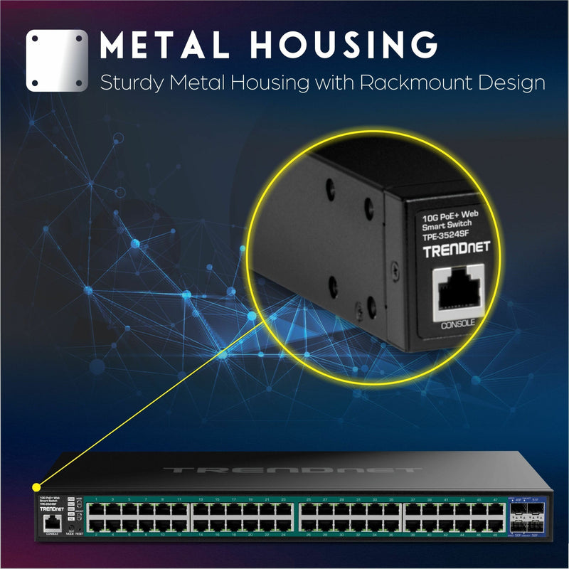 Close-up of TPE-3524SF metal housing with network visualization