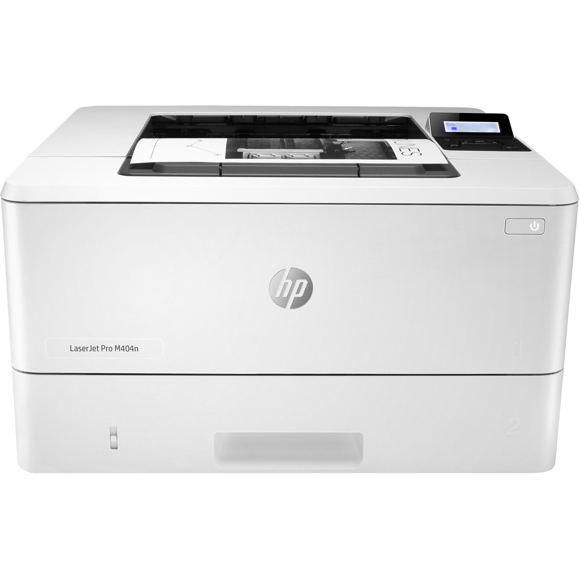 Front view of HP LaserJet Pro M404n highlighting paper tray design-alternate-image2