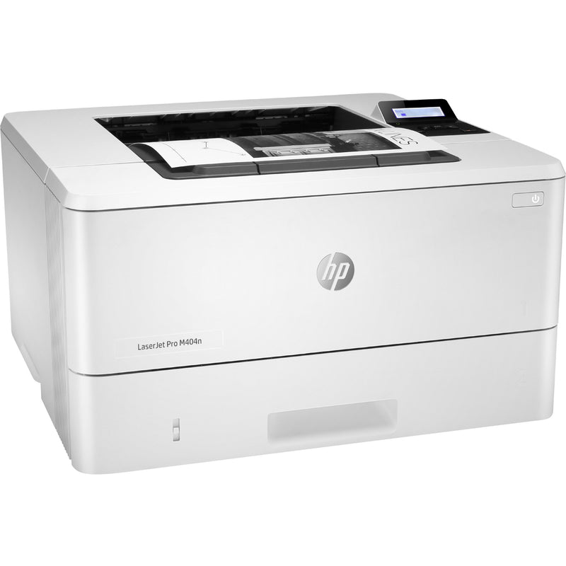 Angular view of HP LaserJet Pro M404n showing dimensional design