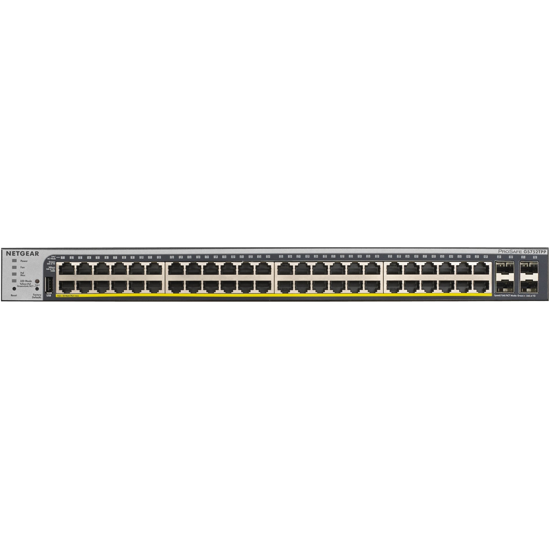 Close-up front view of NETGEAR GS752TPP switch showing detailed port numbering and LED indicators-alternate-image2