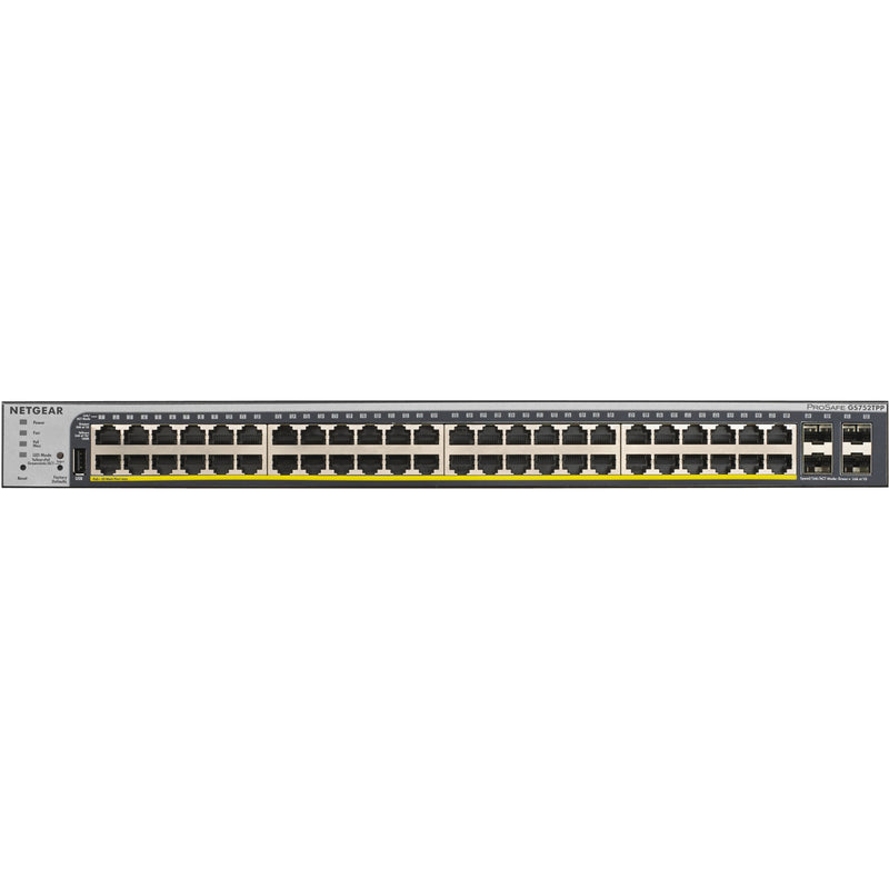 Close-up front view of NETGEAR GS752TPP switch showing detailed port numbering and LED indicators