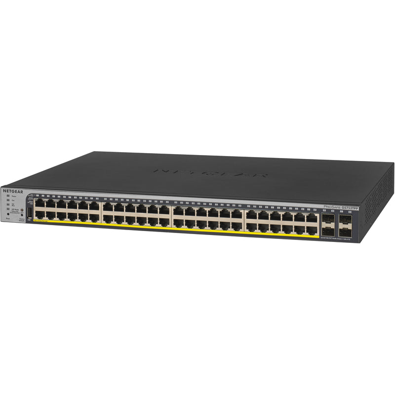 Angled view of NETGEAR GS752TPP switch showing compact 1U form factor