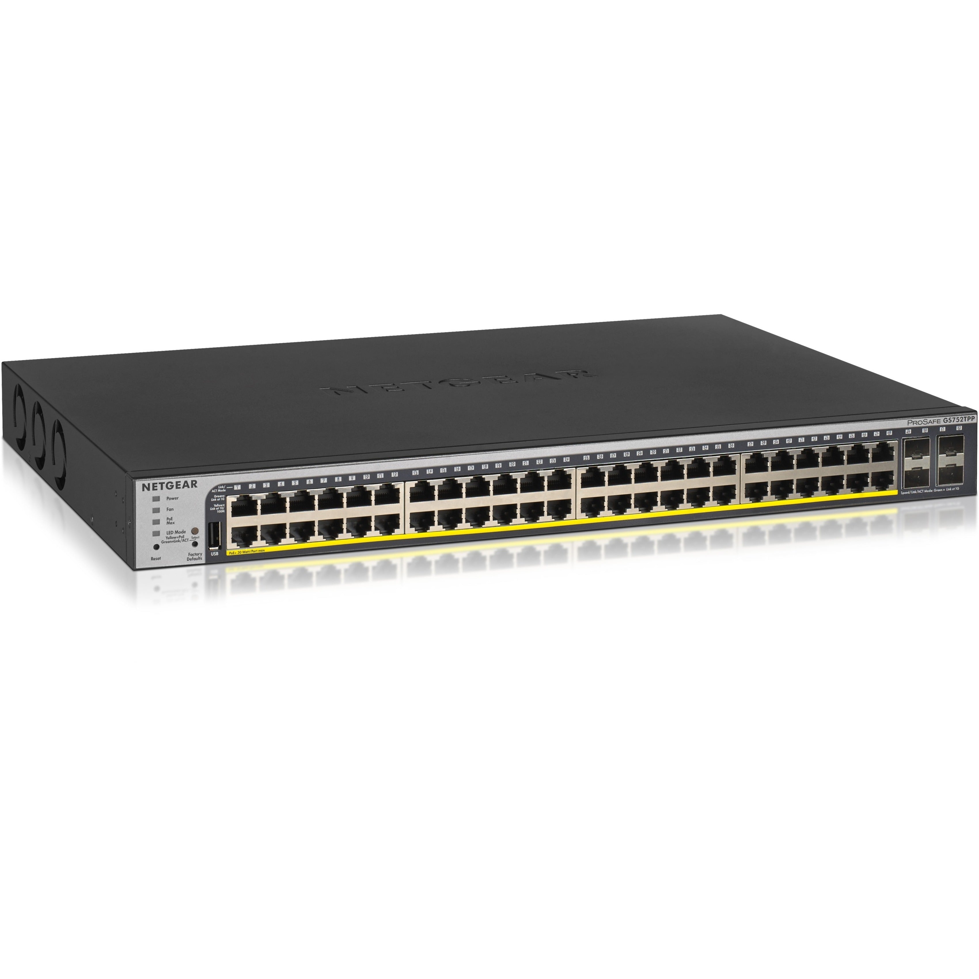 Netgear GS752TPP Gigabit PoE+ Smart Ethernet Switch, 48 Ports with Remote/Cloud Management, 760W PoE Budget, 4 SFP Slots, Layer 2 Managed, Rack-Mountable - GS752TPP-300NAS (Lifetime Warranty)