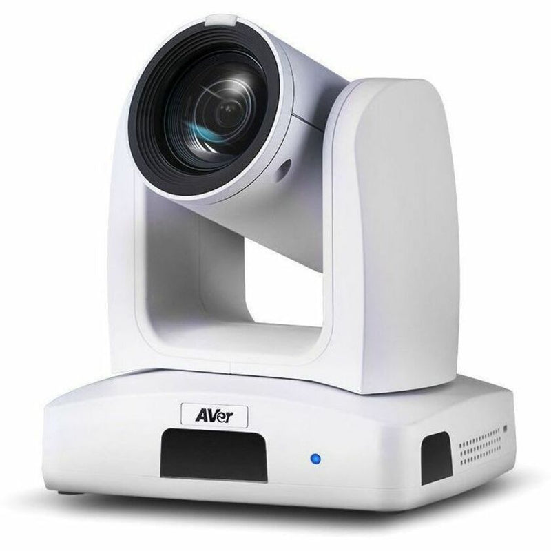 Front view of AVer PTZ330UV2 4K AI PTZ camera in white showing premium lens system