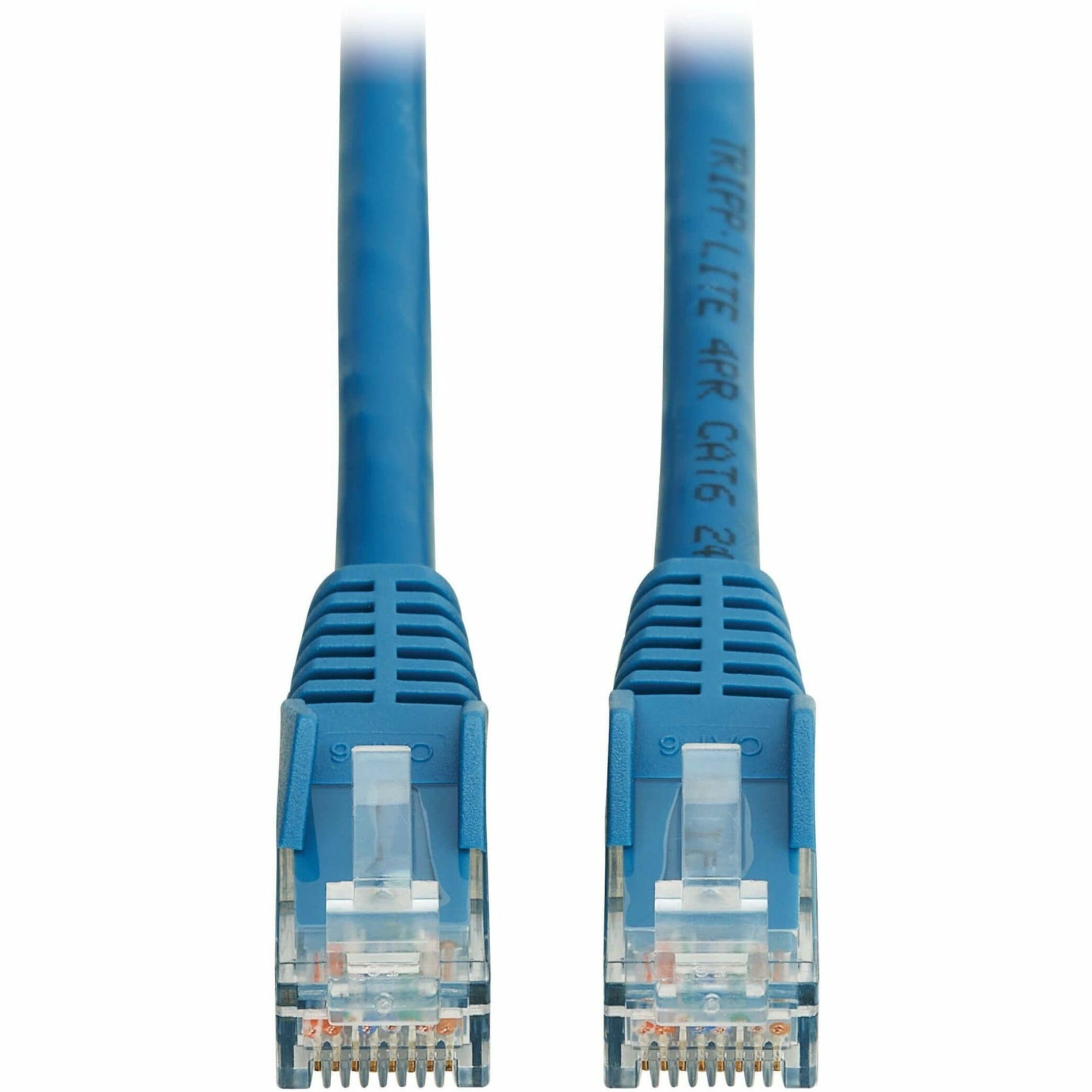 Close-up of blue Cat6 ethernet cable RJ45 connectors showing gold-plated pins and transparent housing-alternate-image1