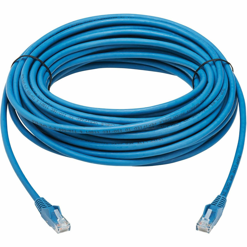 Full length view of coiled blue Cat6 ethernet cable showing 15-meter span