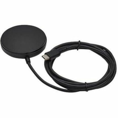 Black circular magnetic wireless charging pad with attached USB-C cable shown from top view-alternate-image1