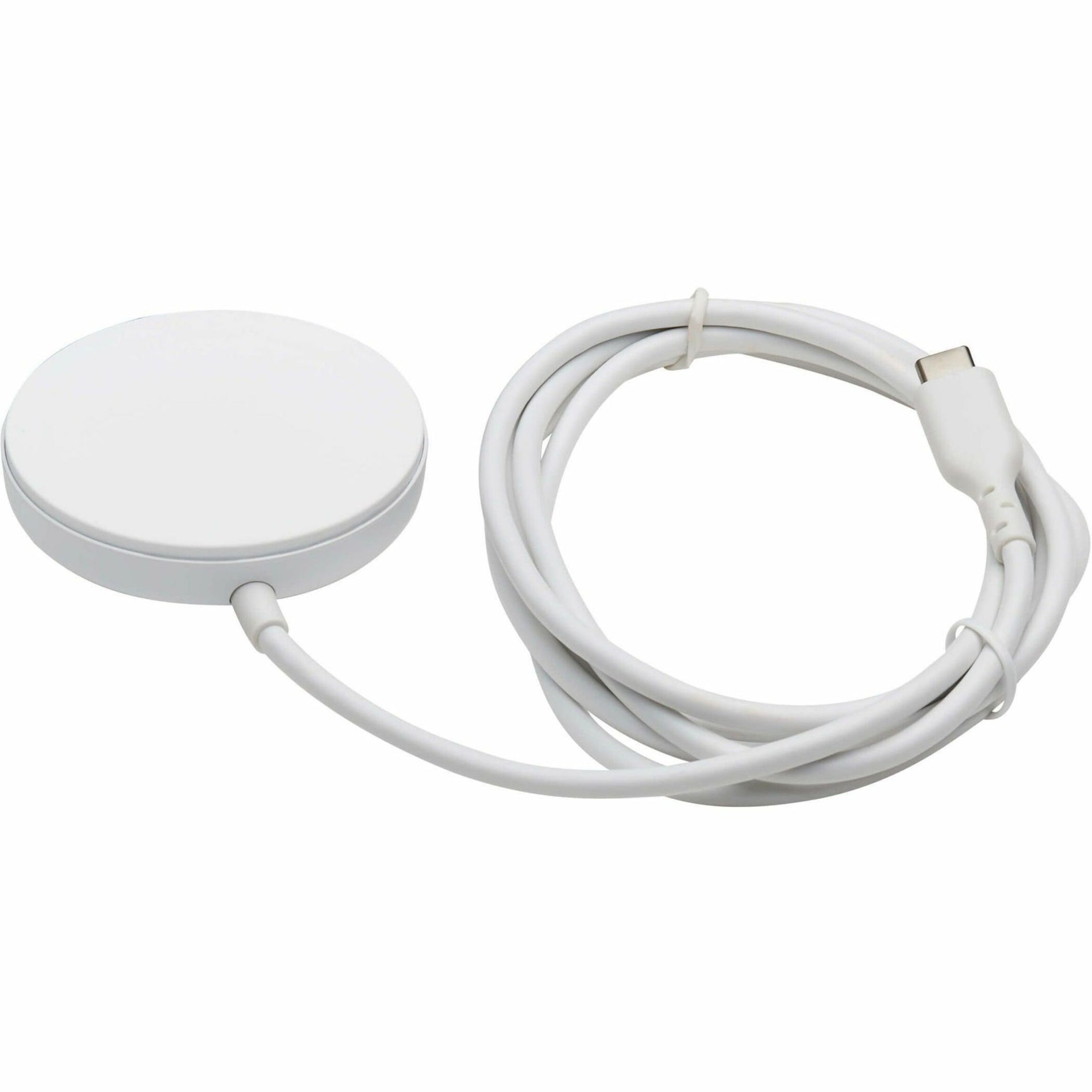 Top view of white circular MagSafe wireless charger with attached USB-C cable-alternate-image1