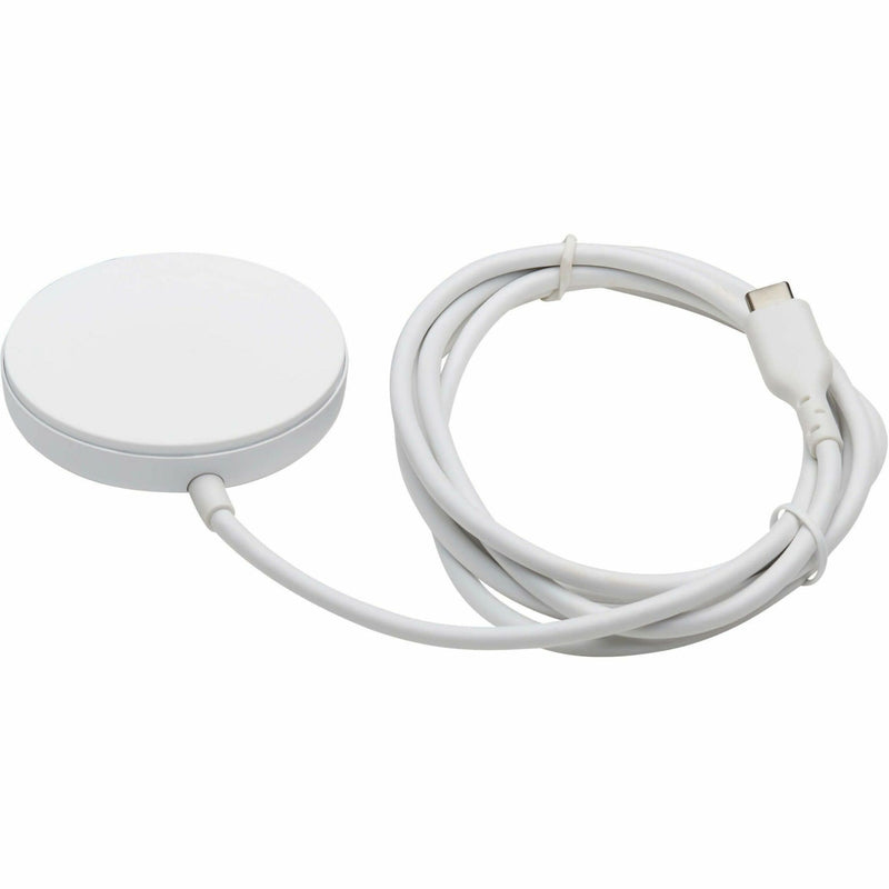 Top view of white circular MagSafe wireless charger with attached USB-C cable