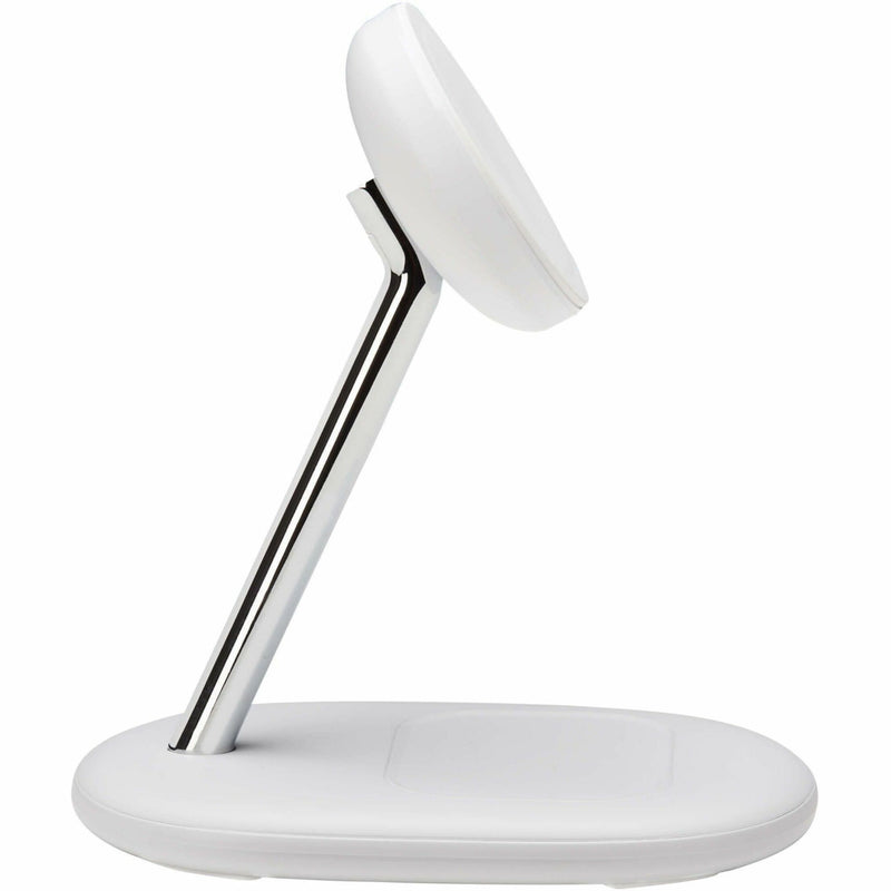 Profile view of white MagSafe charging stand highlighting angled support