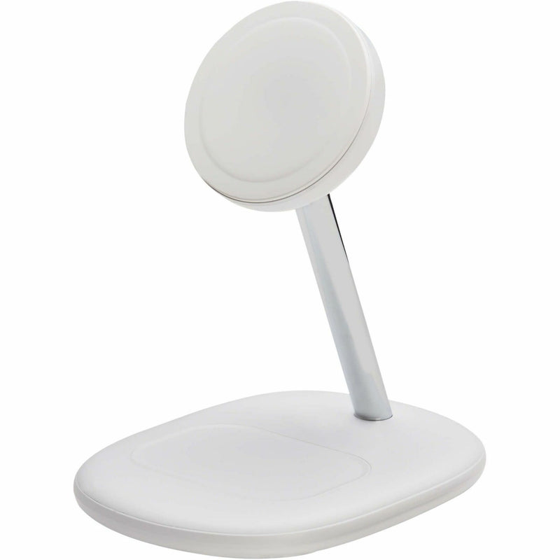 White 2-in-1 MagSafe charging stand with angled support arm and dual charging surfaces