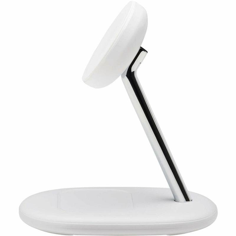 Side angle view of white MagSafe charging stand showing slim profile