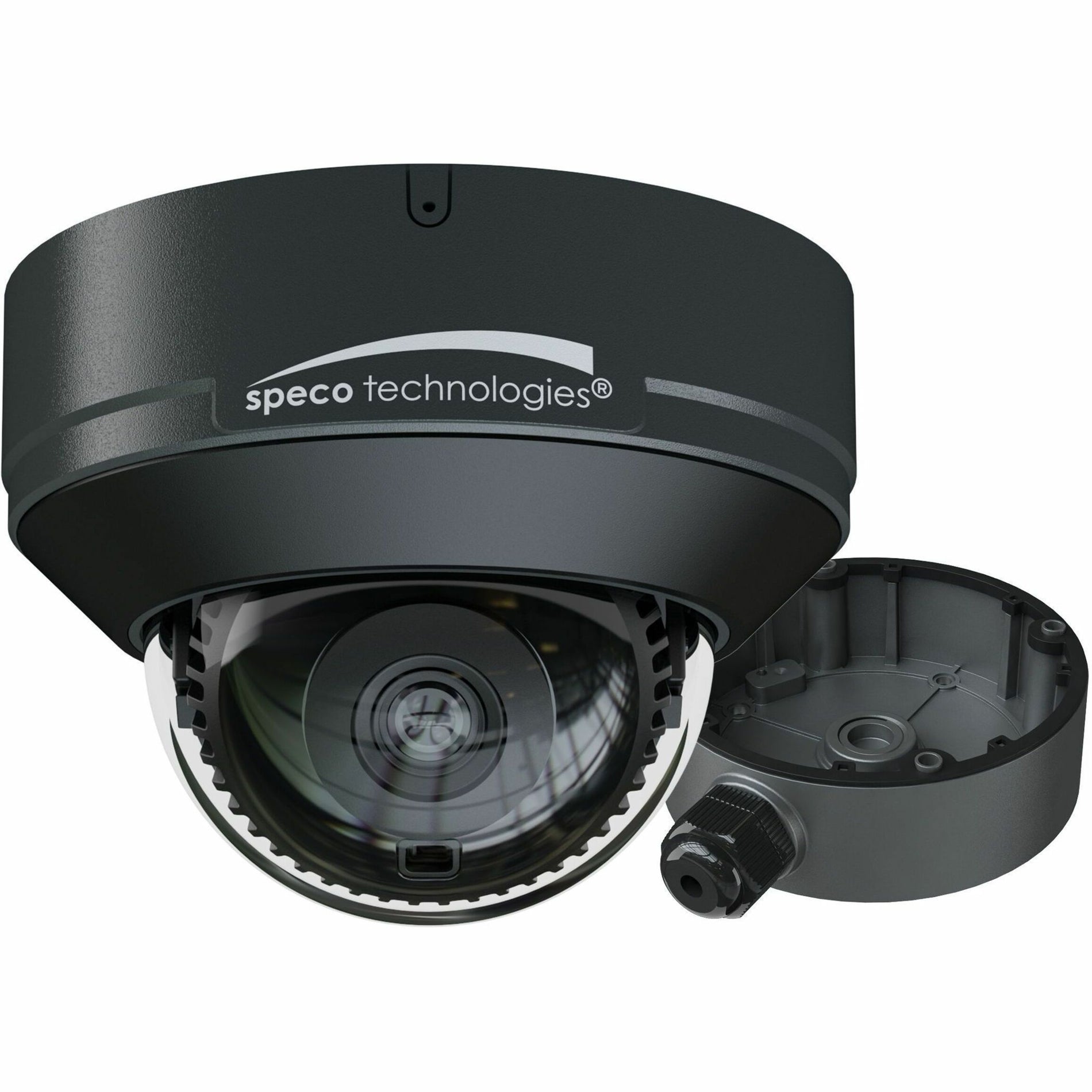 Speco O4ID2 4MP IP dome security camera in dark gray finish with junction box mount, showing dome lens housing and mounting base-alternate-image1