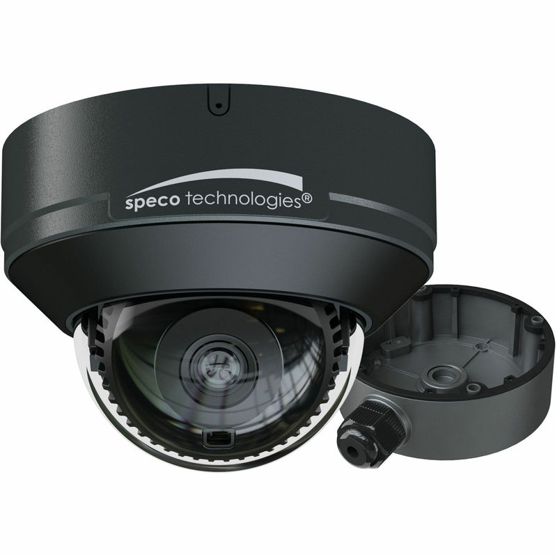 Speco O4ID2 4MP IP dome security camera in dark gray finish with junction box mount, showing dome lens housing and mounting base