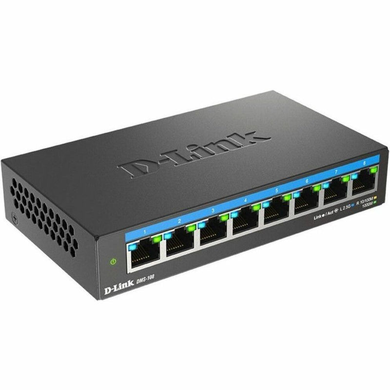 Front angled view of D-Link DMS-108 8-port multi-gigabit switch showing ports and LED indicators