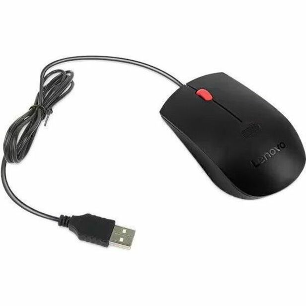 Lenovo Biometric Mouse showing USB cable connection and sleek black design with red accent