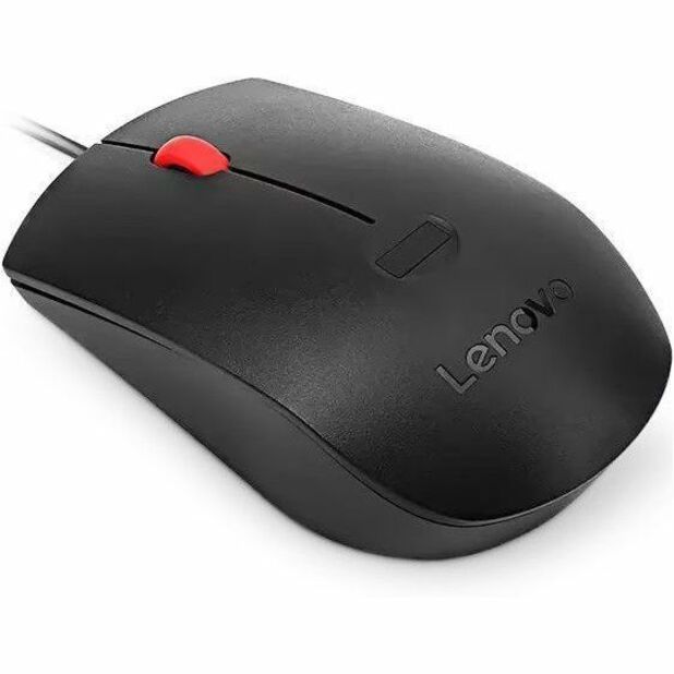 Angled view of Lenovo Biometric Mouse highlighting its contoured design and security features