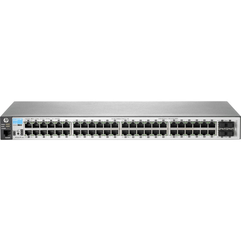 Front view of HPE 2530-48G network switch showing 48 Gigabit Ethernet ports and 4 SFP slots in a 1U rack-mountable chassis