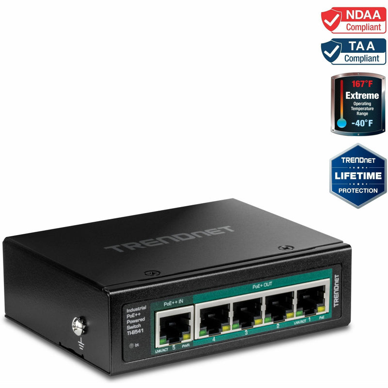 Front view of TRENDnet TI-B541 industrial PoE switch showing 5 Gigabit ports with NDAA/TAA compliance and temperature rating badges