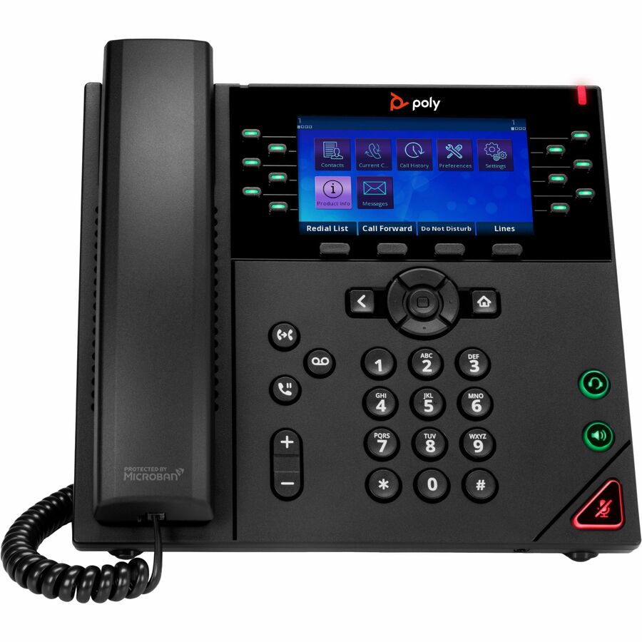 Poly VVX 450 IP phone displaying color interface with menu options, featuring 12-line buttons, numerical keypad, and corded handset with Microban protection-alternate-image1