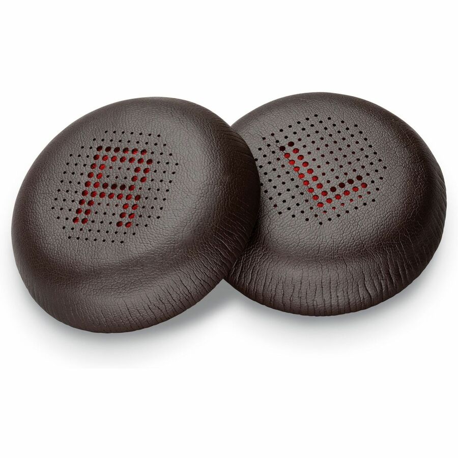 Close-up of two dark brown leatherette Poly ear cushions showing perforated design with red underlayer-alternate-image1