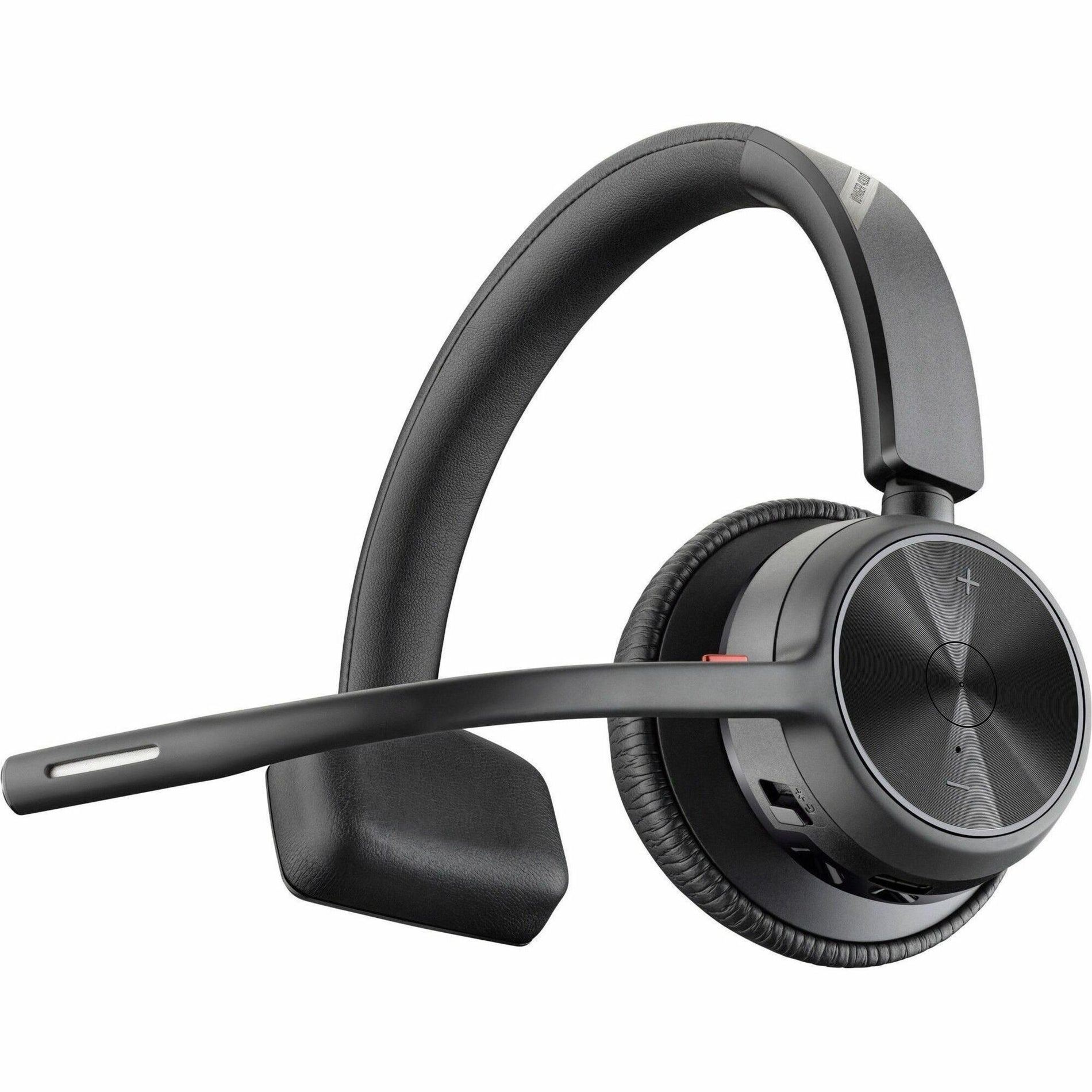 Side view of Poly Voyager 4300 UC monaural headset showing noise-canceling boom mic and padded earpiece-alternate-image1