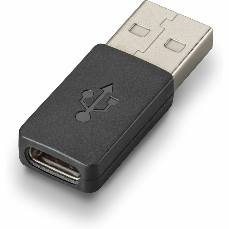 Poly USB-A to USB-C adapter in black and silver featuring the USB symbol, showing both connector ends-alternate-image1