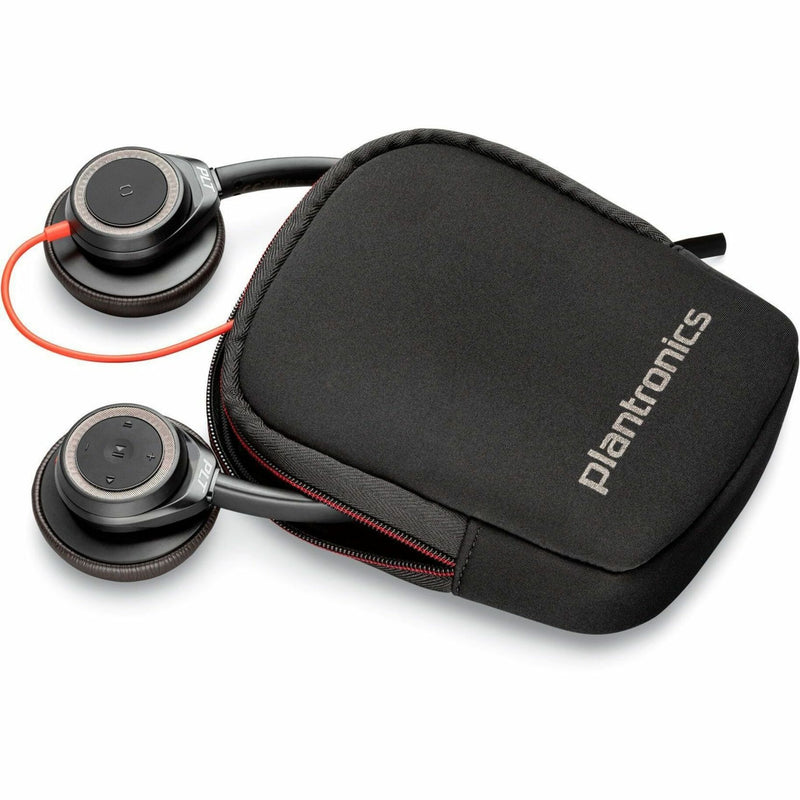 Poly Blackwire 7225 headset carrying case in black with red zipper accent, shown with headset