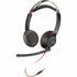 Side view of Poly Blackwire 5220 binaural headset with boom microphone and red accent details-alternate-image1