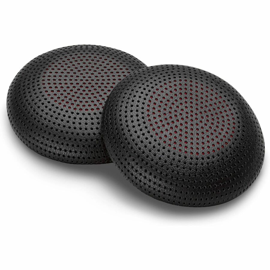 Two black perforated foam ear cushions for Poly headsets showing detailed circular perforation pattern-alternate-image1