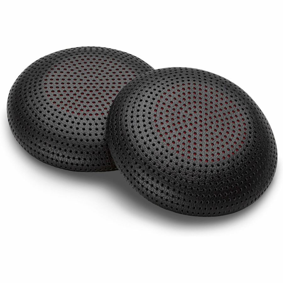 Two black perforated leatherette ear cushions for Poly Blackwire 3200 headset showing detailed perforation pattern-alternate-image1