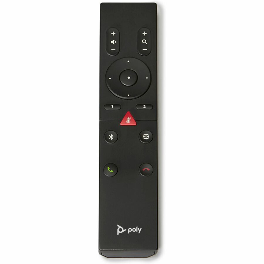 Poly remote control featuring dual connectivity options with volume, zoom, call controls, and central navigation pad in sleek black design-alternate-image1