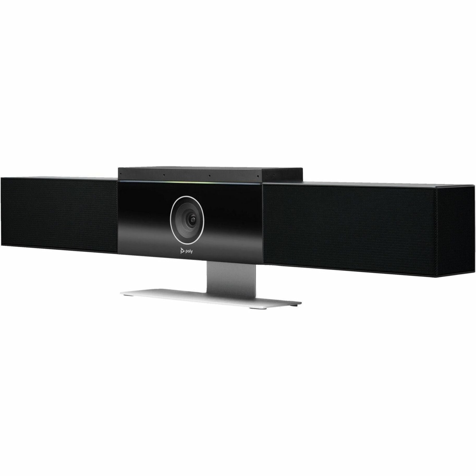 Front view of Poly Studio video conference bar showing integrated camera and stereo speakers mounted on silver stand-alternate-image1