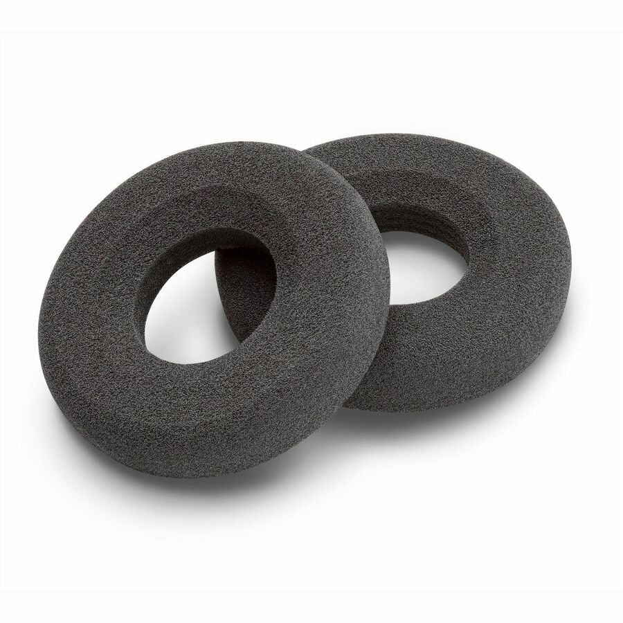 Two circular dark gray foam ear cushions for Poly Blackwire headsets shown overlapping against white background-alternate-image1