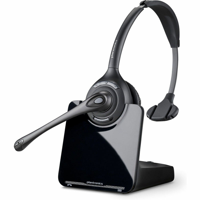 Poly CS510-XD wireless headset with sleek black charging base, featuring over-the-head design and noise-cancelling boom microphone