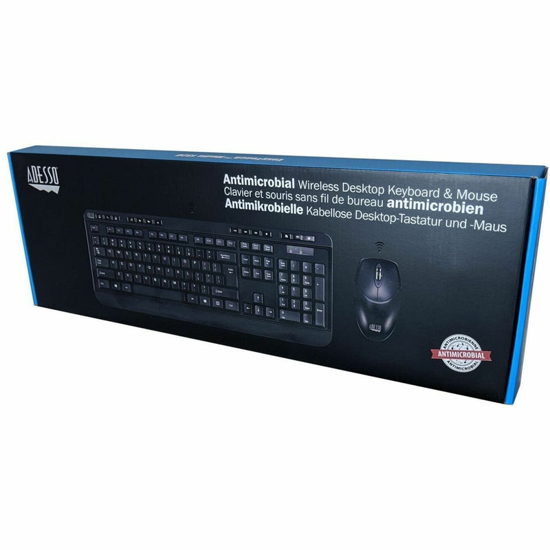 Product packaging of Adesso Antimicrobial Wireless Desktop Keyboard and Mouse combo