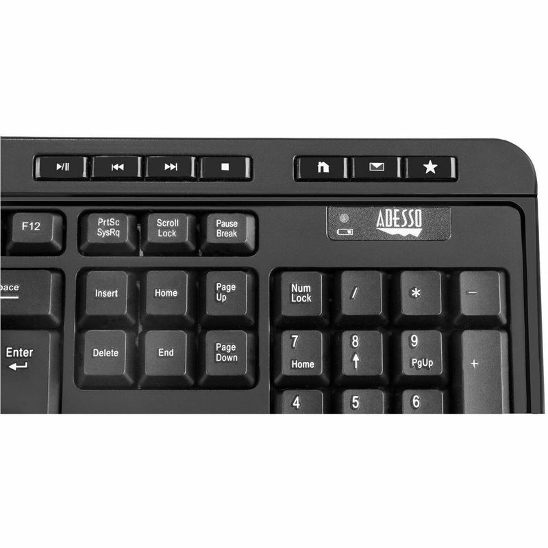 Close-up view of Adesso keyboard's multimedia control keys and hotkey functions