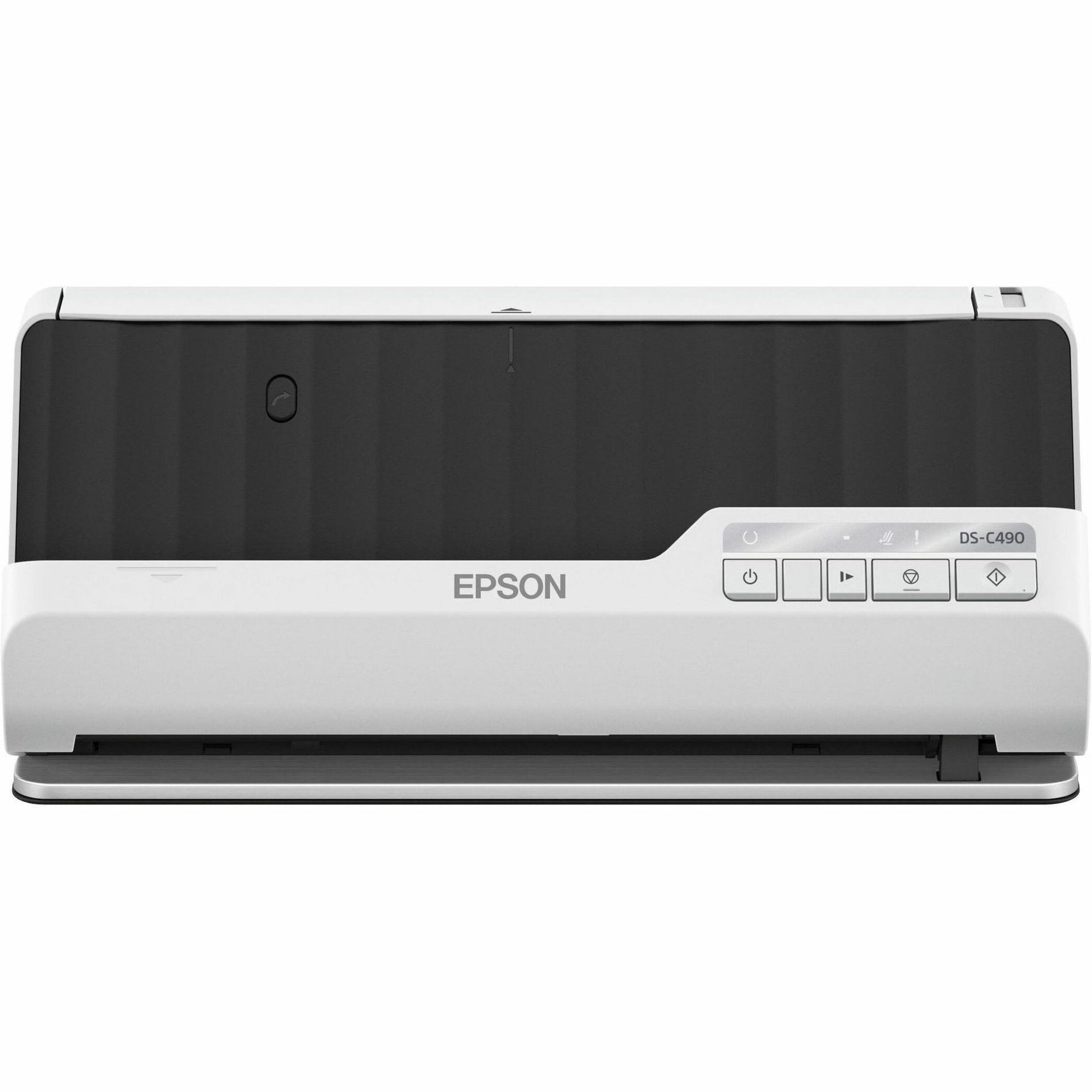 Front view of Epson DS-C490 scanner highlighting control panel and document feeder-alternate-image2