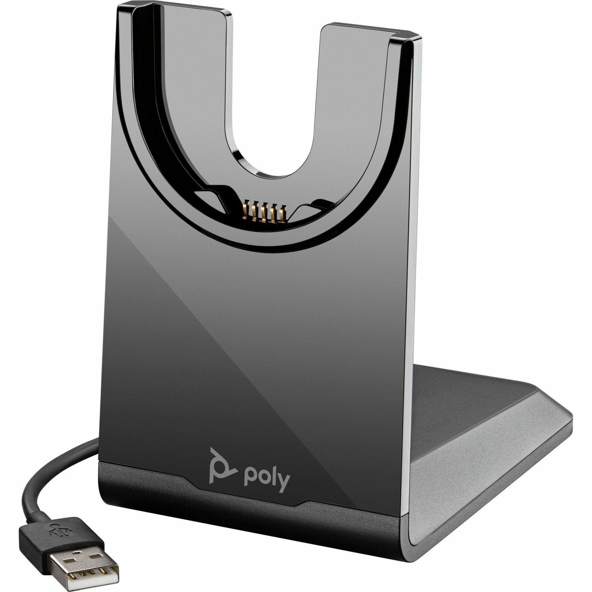 Black Poly Voyager USB-A Charging Stand with U-shaped cradle and integrated charging contacts, featuring attached USB-A cable-alternate-image1