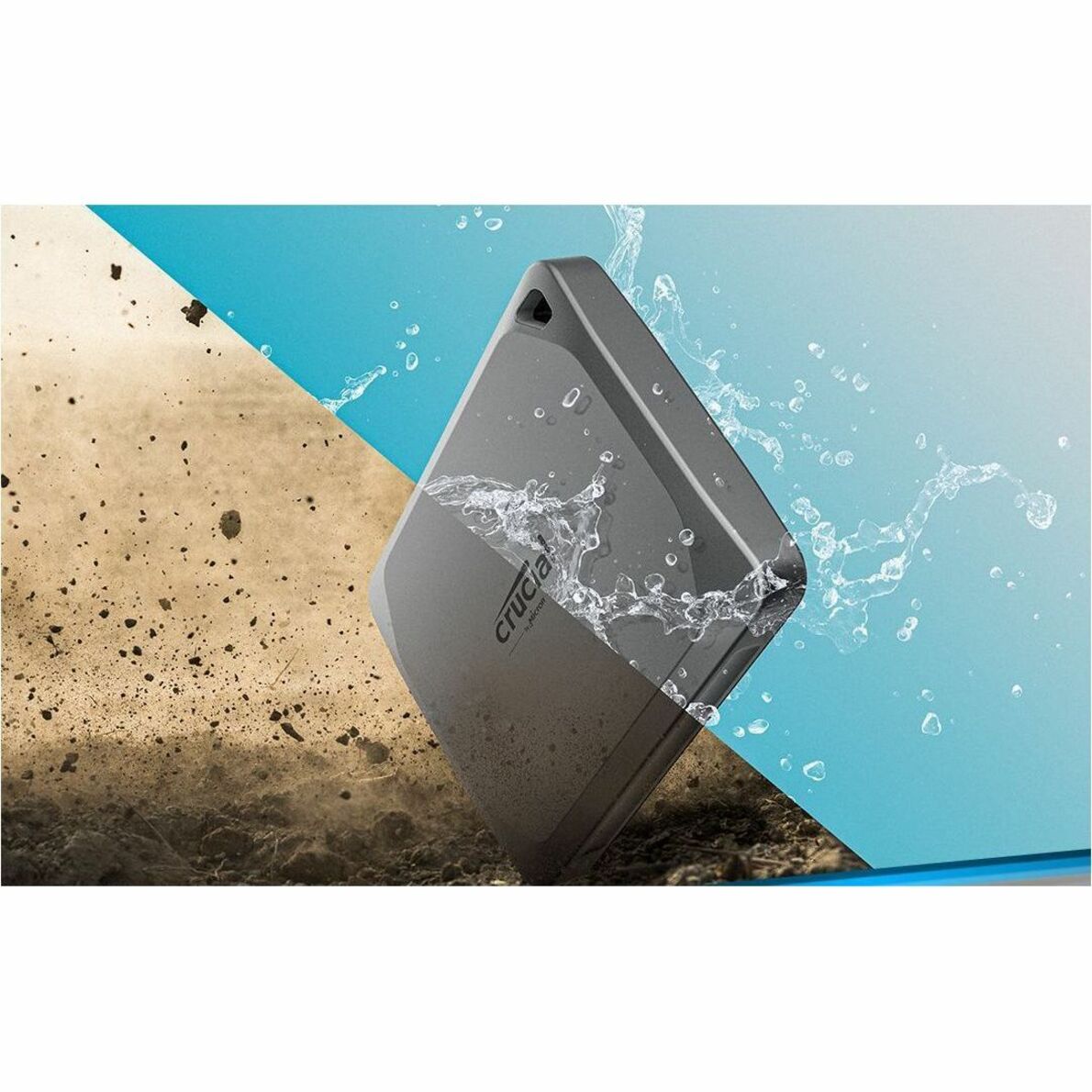 Crucial X9 Pro SSD demonstrating water and dust resistance with splash and sand elements-alternate-image1