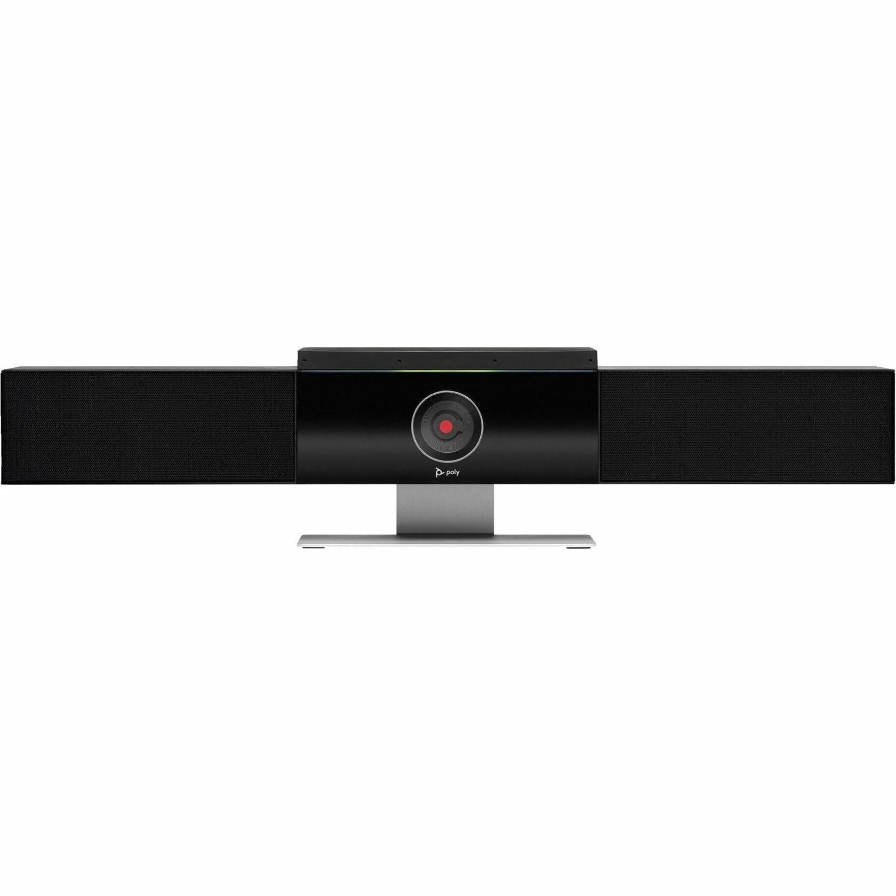 Front view of Poly Studio video conferencing camera showing integrated speakers and central 4K camera unit mounted on silver stand-alternate-image1