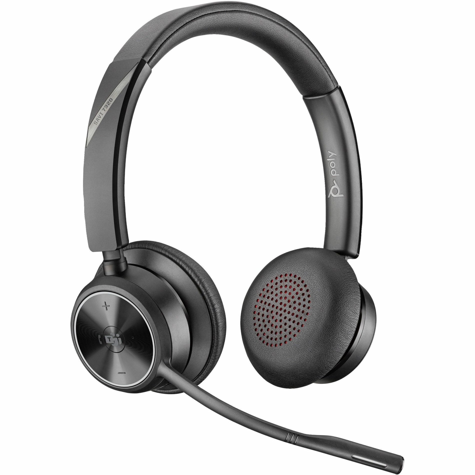 Poly Savi 7300 Office wireless headset featuring dual ear cups, adjustable headband, and noise-canceling boom microphone in professional black finish-alternate-image1