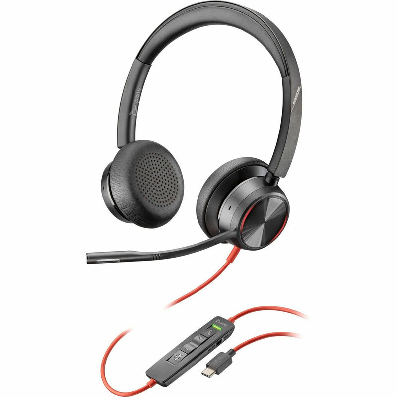 Poly Blackwire 8225 professional headset with USB-C controller and noise-canceling microphone