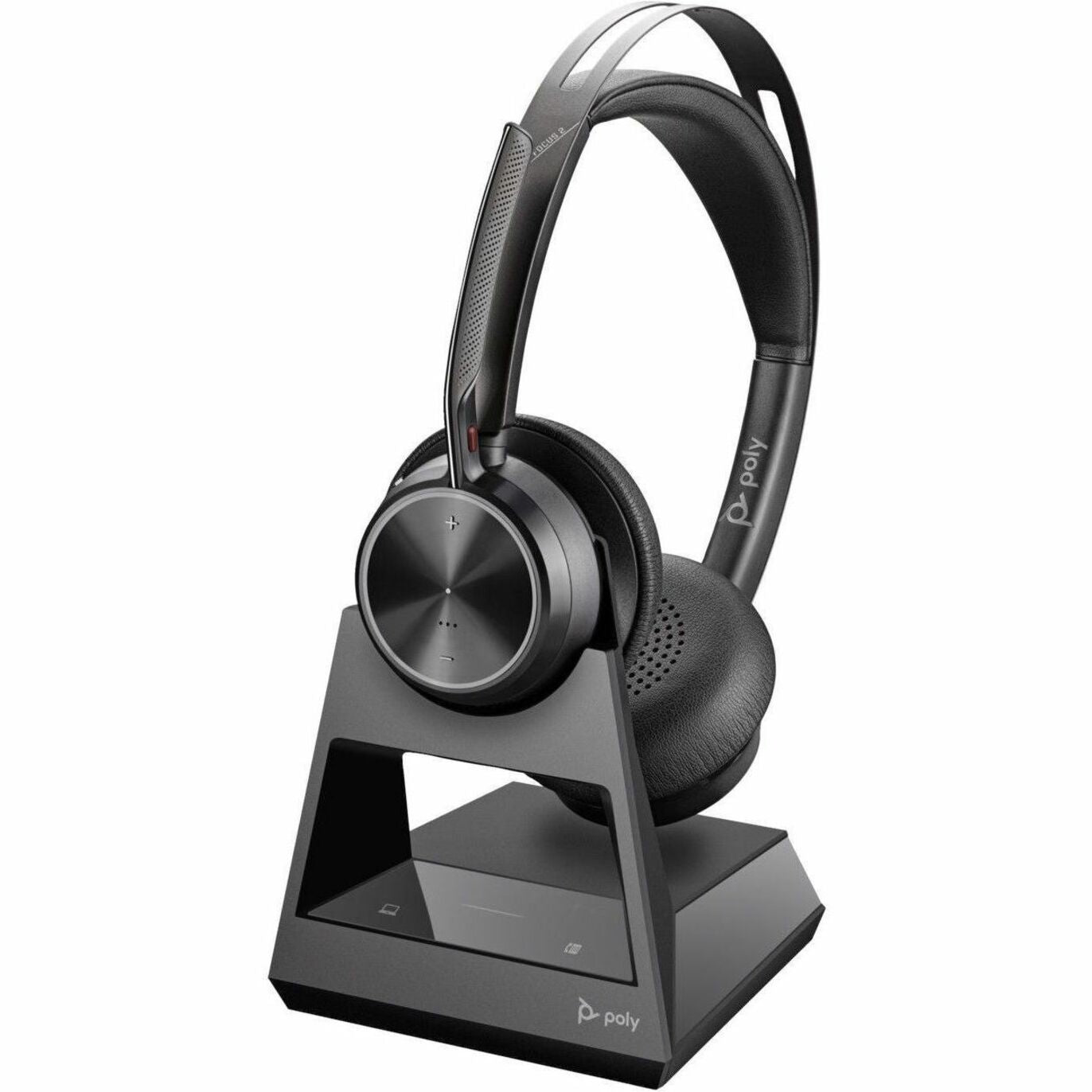 Poly Voyager Focus 2 headset on its charging stand showing power management solution-alternate-image4