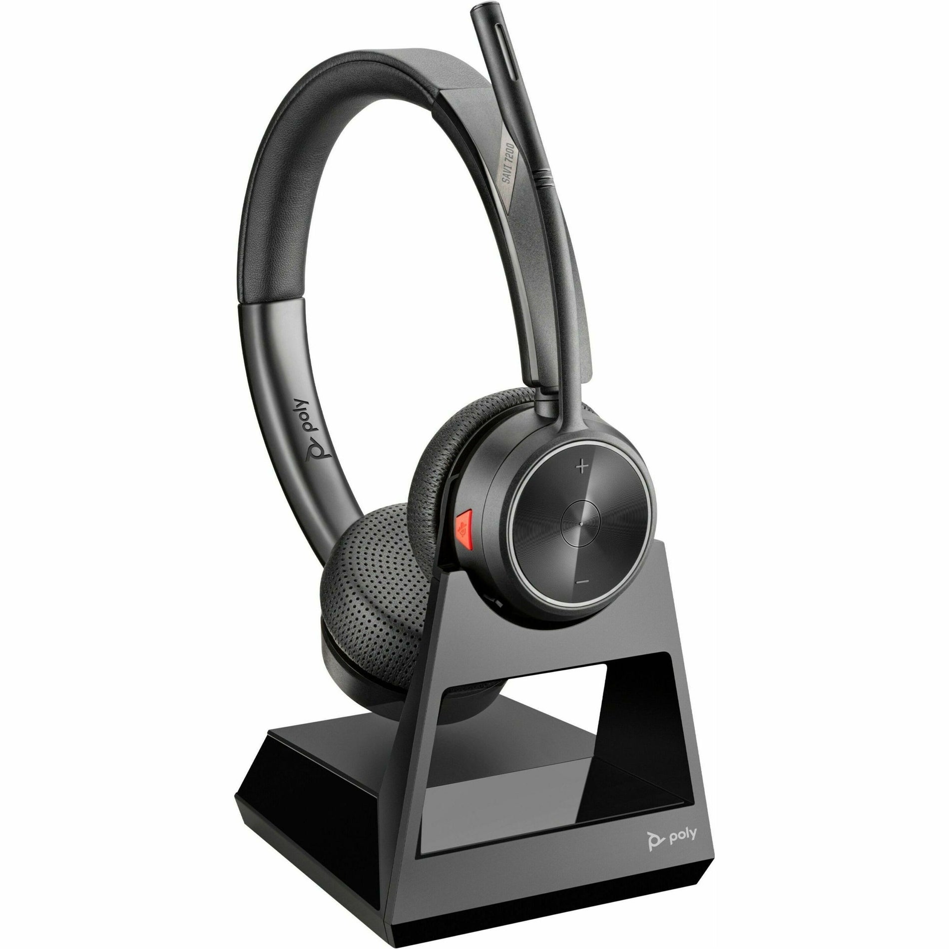 Side view of Poly Savi 7220 wireless headset showing adjustable headband, noise-canceling boom microphone, and perforated ear cushions-alternate-image2